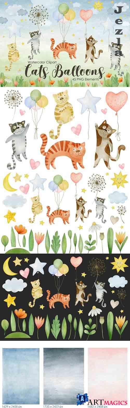 Watercolor Cats Balloons Clipart - 1362551