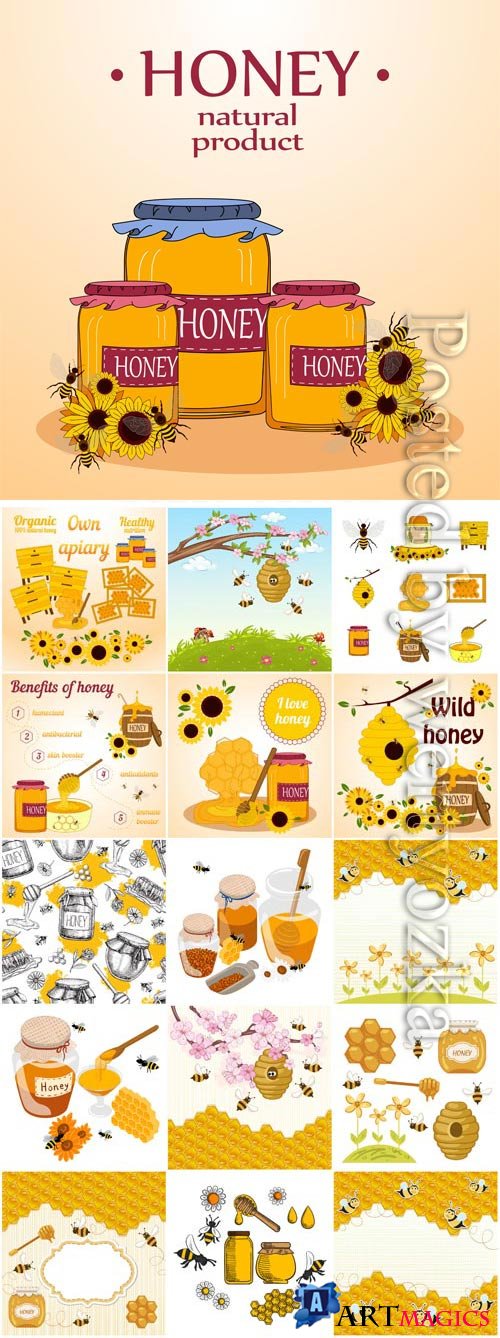 Jars with honey and bees in vector