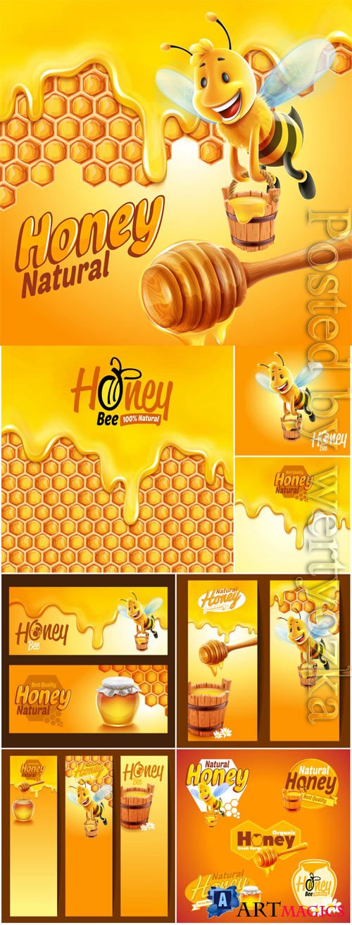 Backgrounds with honey and bees in vector
