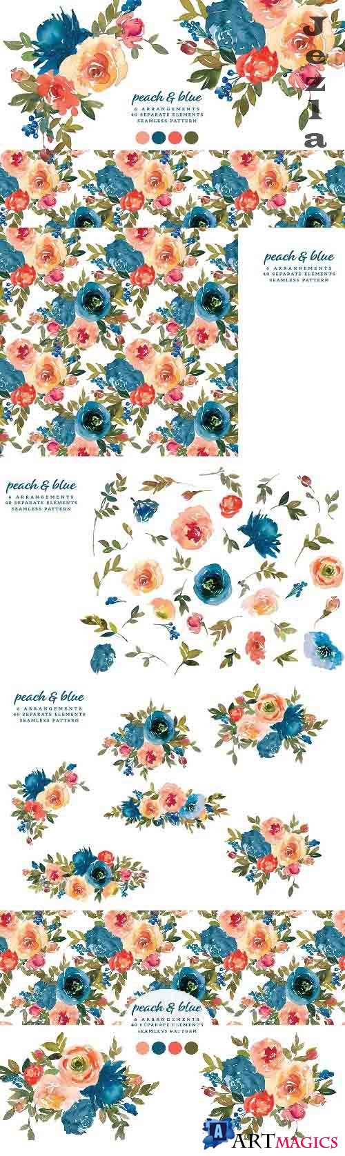 Watercolor Peach & Blue Clipart - 6157004
