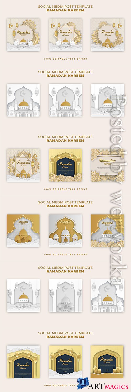 Ramadan kareem islamic banner with gold white paper cut style