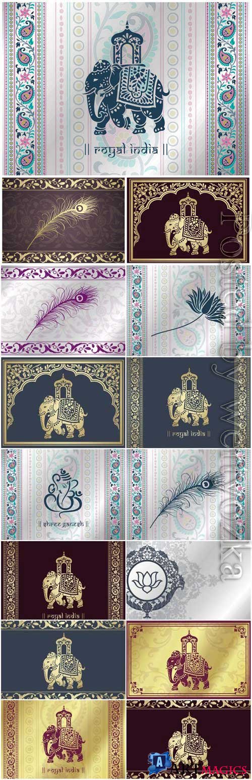 Indian backgrounds with patterns and elephants in vector