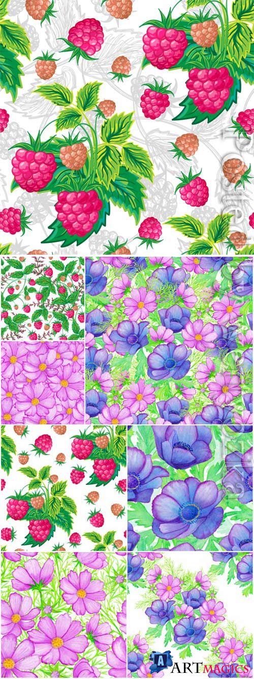 Seamless backgrounds with berries and flowers in vector