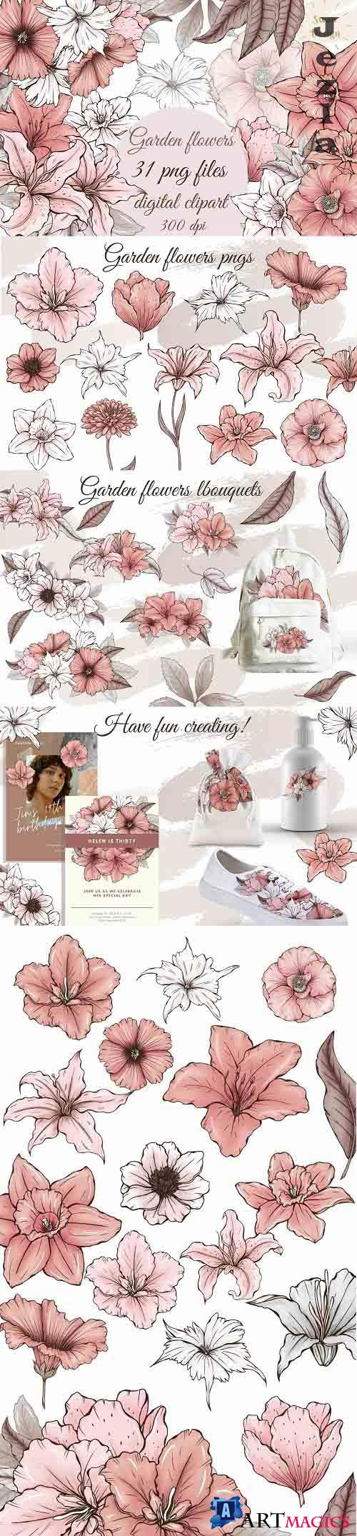 Cute pink garden flowers clipart, wedding floral design png - 1382445