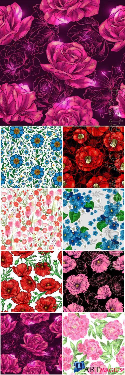 Backgrounds with poppies and roses in vector