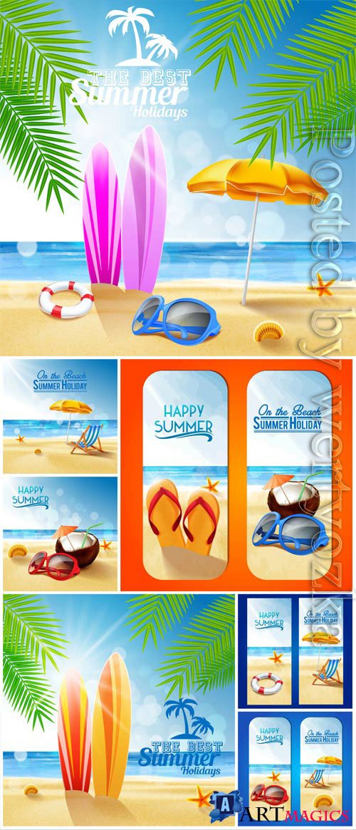 Summer vacation, sea, palm trees, cocktails in vector