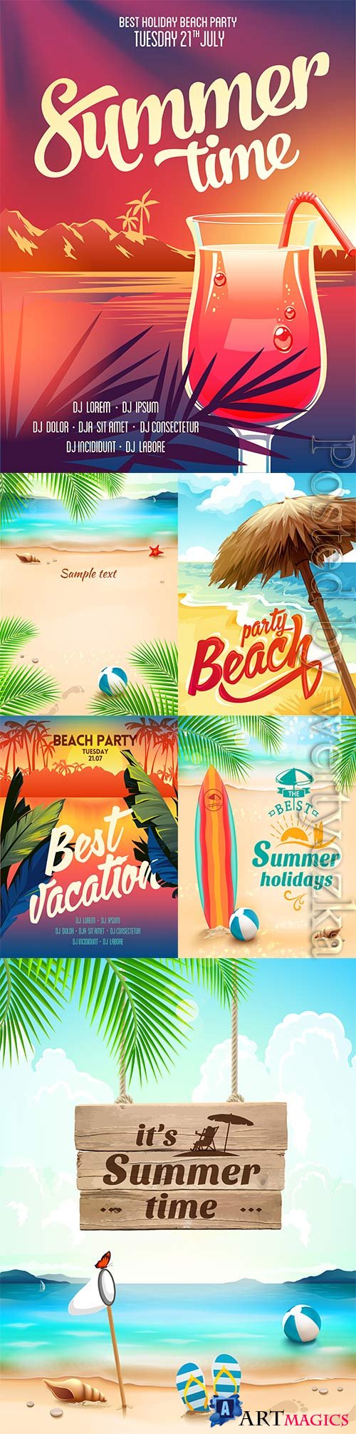 Summer vacation, sea, palm trees, cocktails in vector vol 10