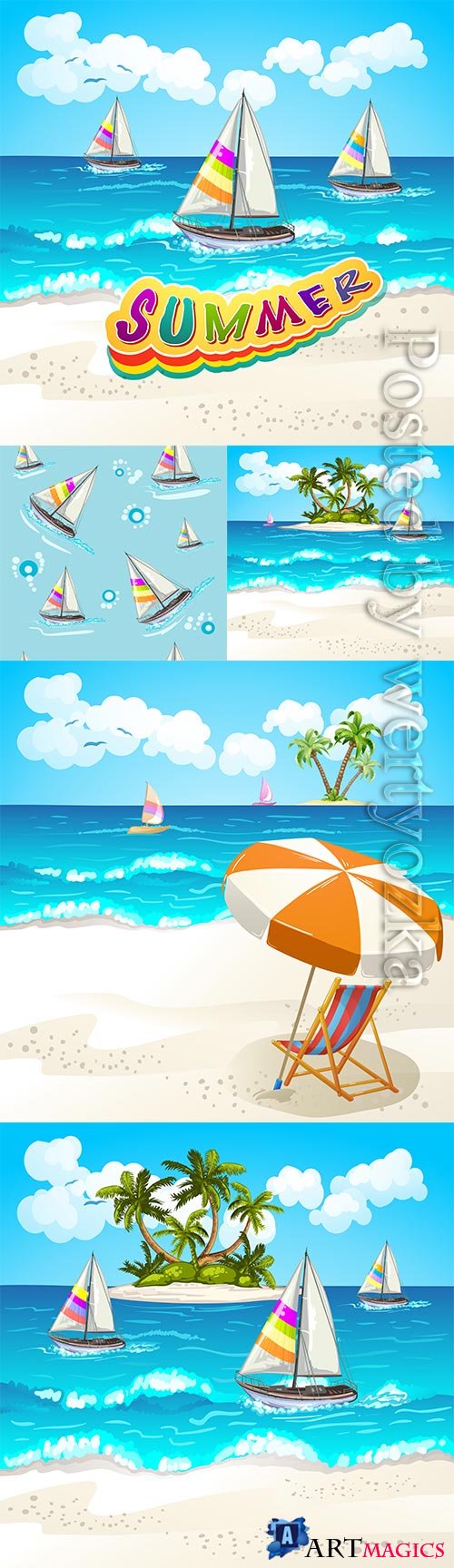 Summer vacation, sea, palm trees, cocktails in vector vol 9