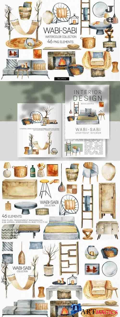Room clipart Watercolor wabi sabi, Interior painting Boho home clipart, Furniture, Planner design