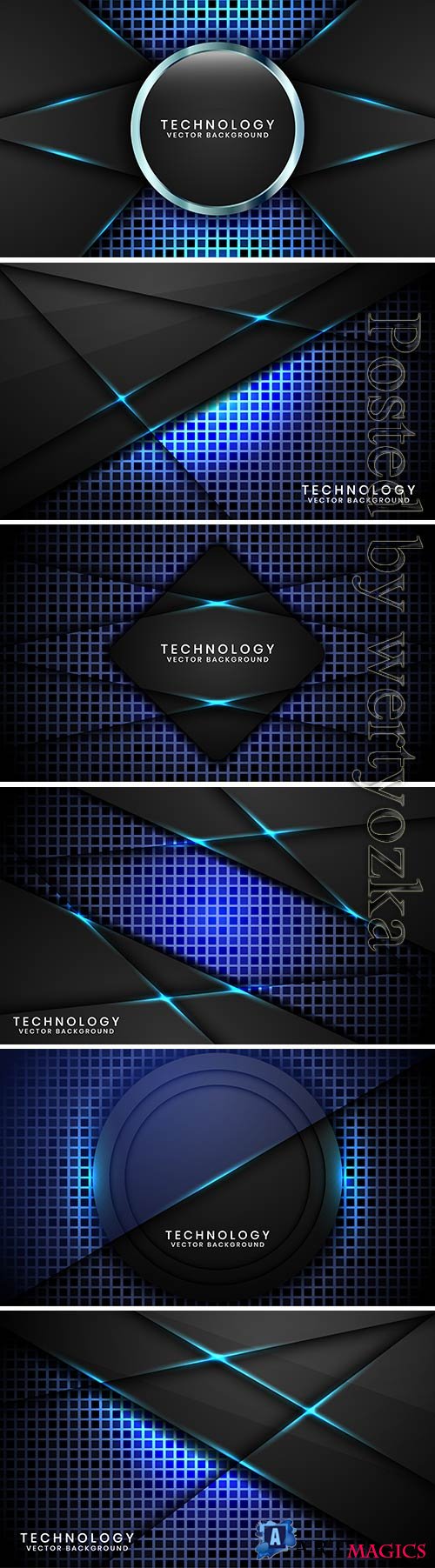 Abstract 3d black circle technology background with random square textured, overlap layers with blue light effect decoration