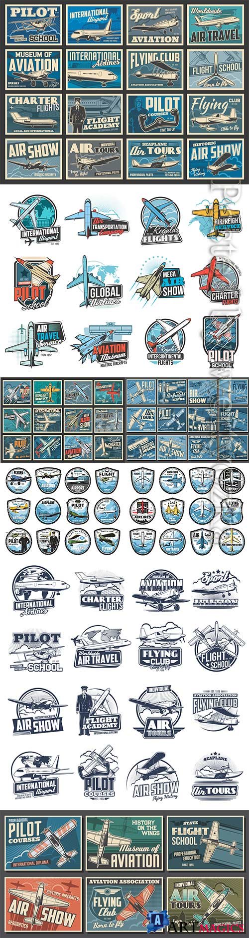 Aviation, air flight icons, airplane pilot school