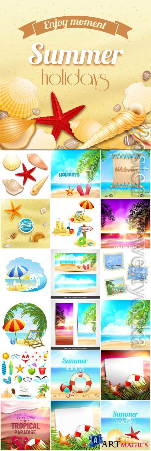 Summer vacation, sea, palm trees, cocktails in vector vol 20