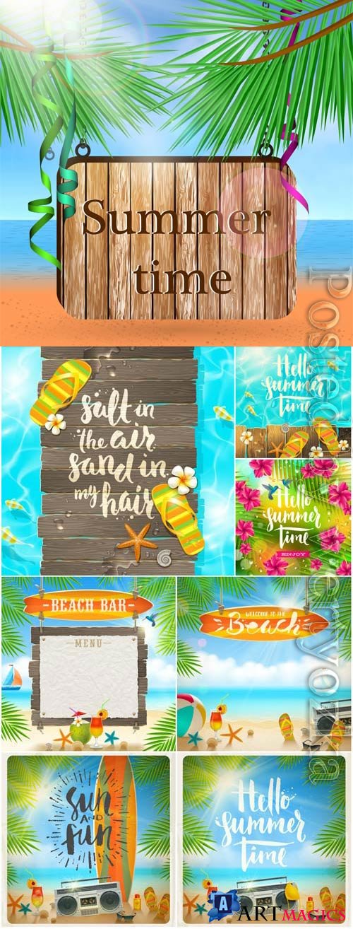 Summer vacation, sea, palm trees, cocktails in vector vol 16
