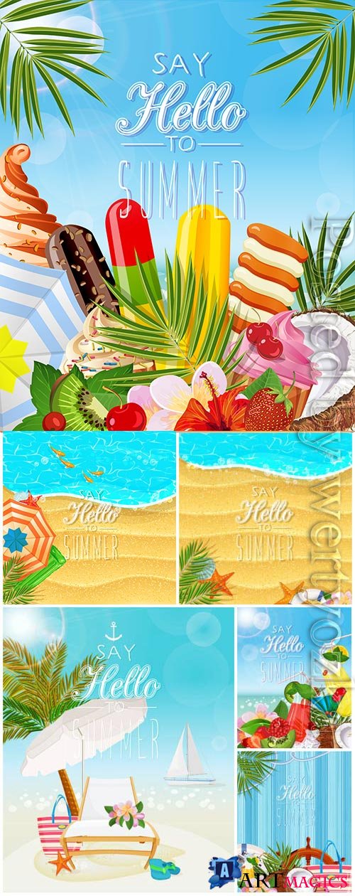 Summer vacation, sea, palm trees, cocktails in vector vol 13