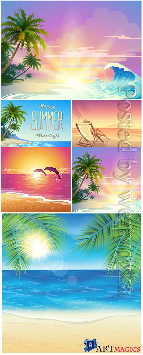 Summer vacation, sea, palm trees, cocktails in vector vol 14