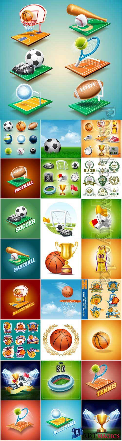 Sports items, balls and awards in vector