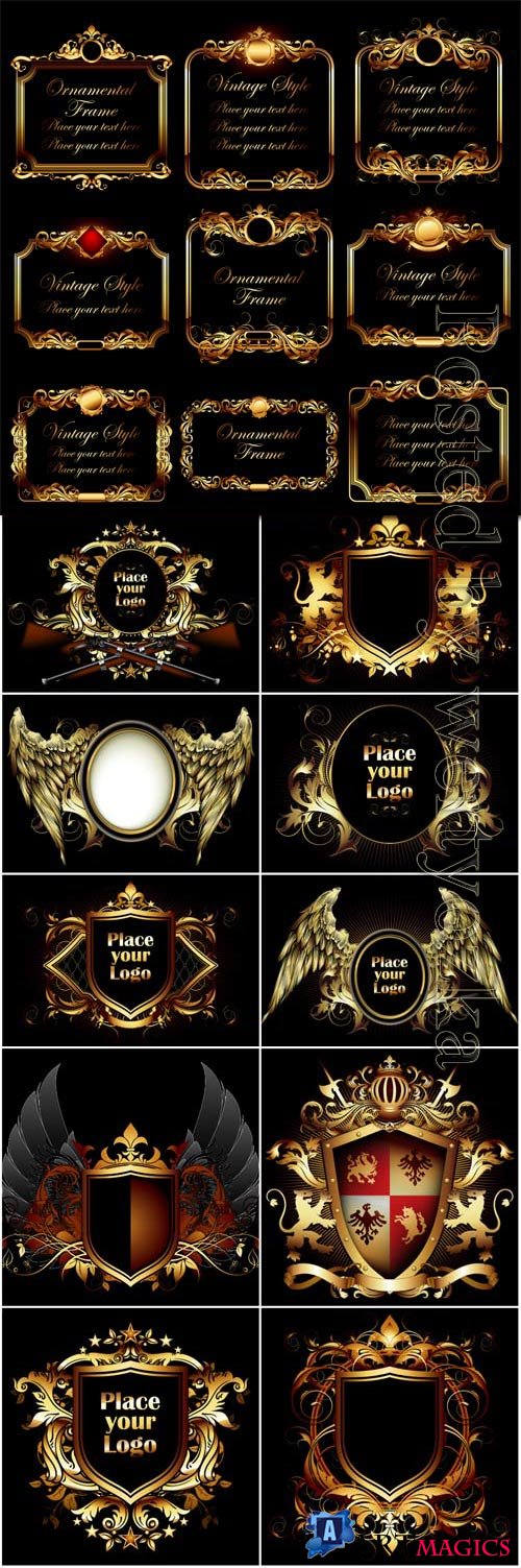 Coat of arms and frames with golden design in vector
