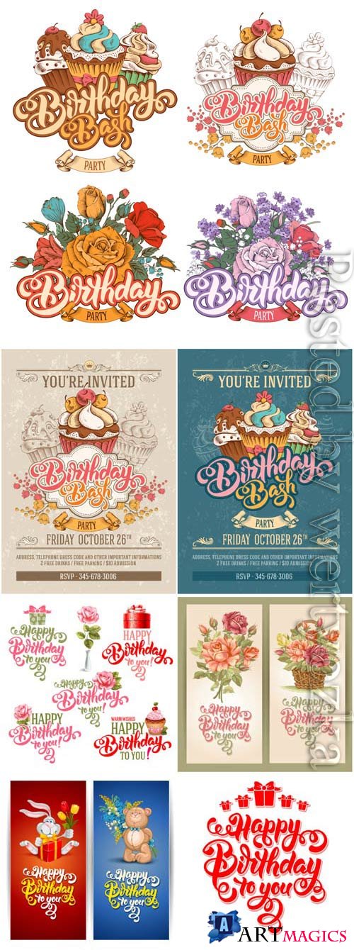 Vintage happy birthday posters in vector