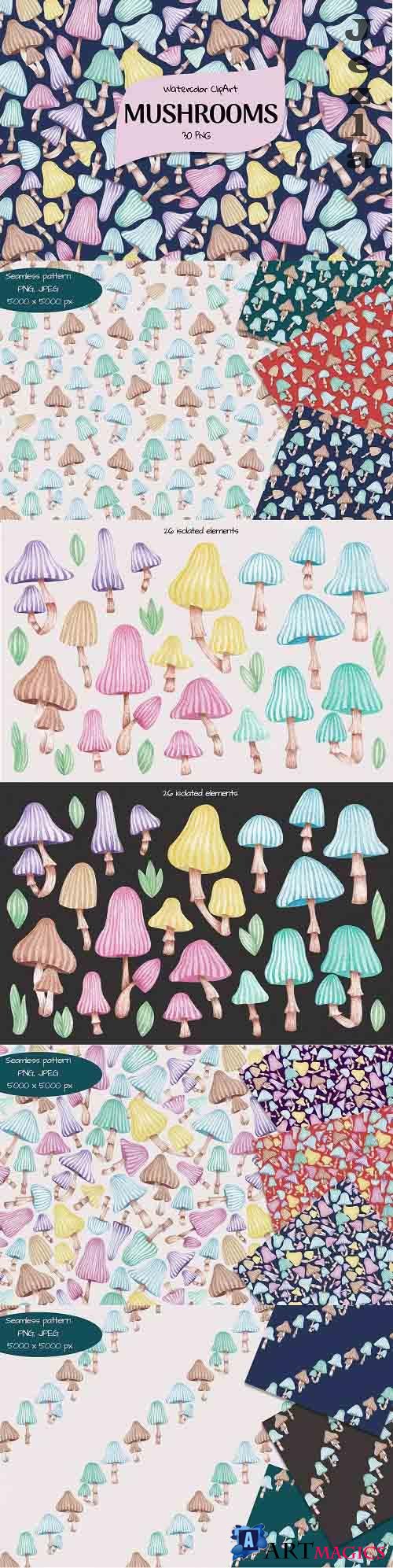 Watercolor ClipArt Mushrooms - 1389527