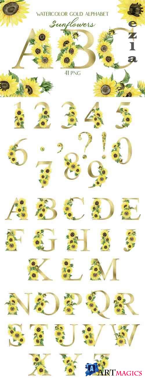 Watercolor Gold Alphabet with Sunflowers | Sublimation - 1411395