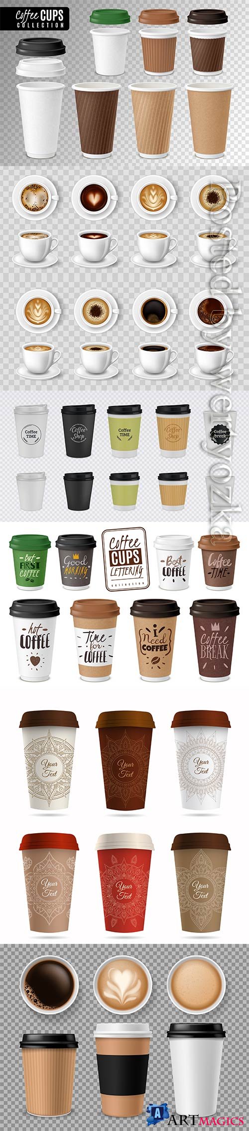 Realistic coffee cups, black coffee, cappuccino, latte, espresso