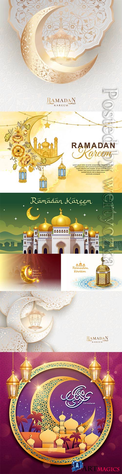 Ramadan kareem greeting card with islamic moon arabesque and lantern