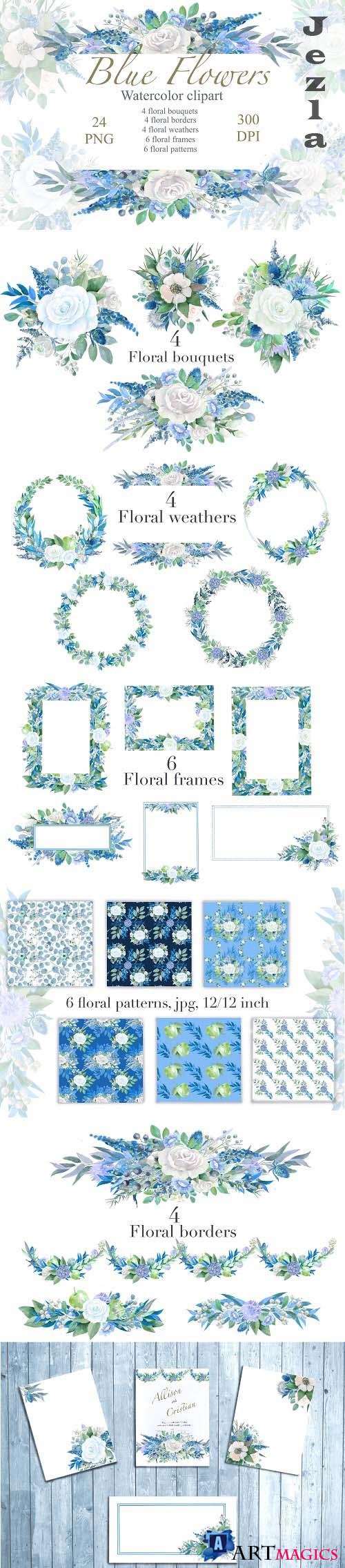 Blue Floral watercolor Clipart, Wedding Arrangements, Frames - 1425792