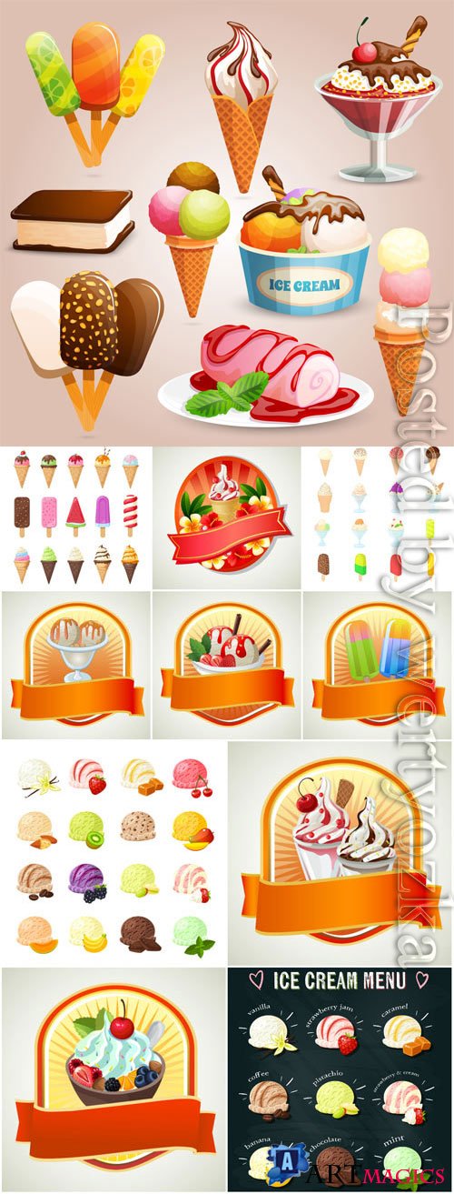 Ice cream and desserts labels in vector