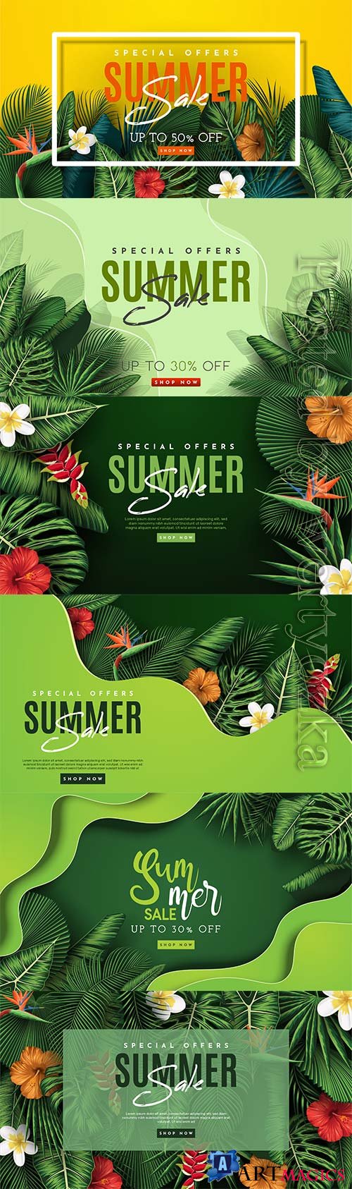 Summer sale vector banner with tropical leaves