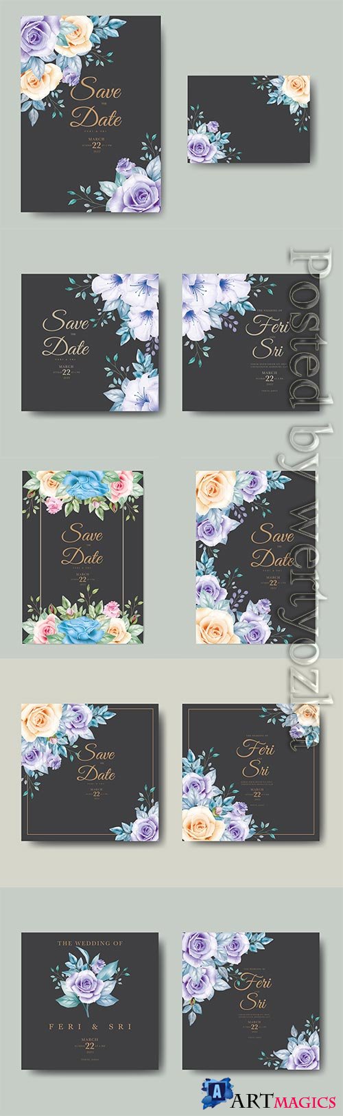 Wedding invitation card with floral watercolor vector design