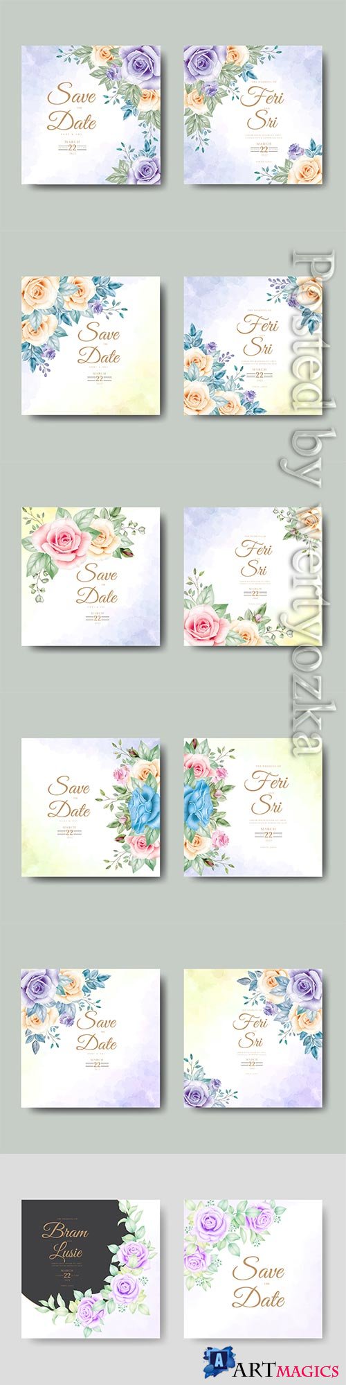 Beautiful vector wedding invitation card with floral watercolor