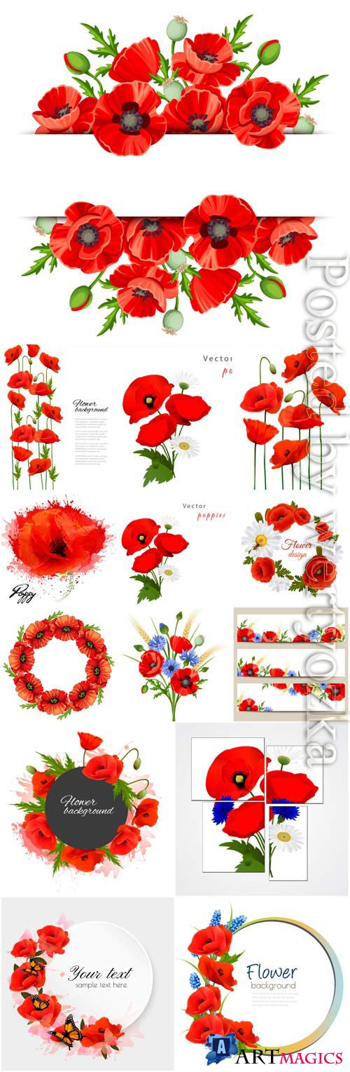 Frames with red poppies in vector
