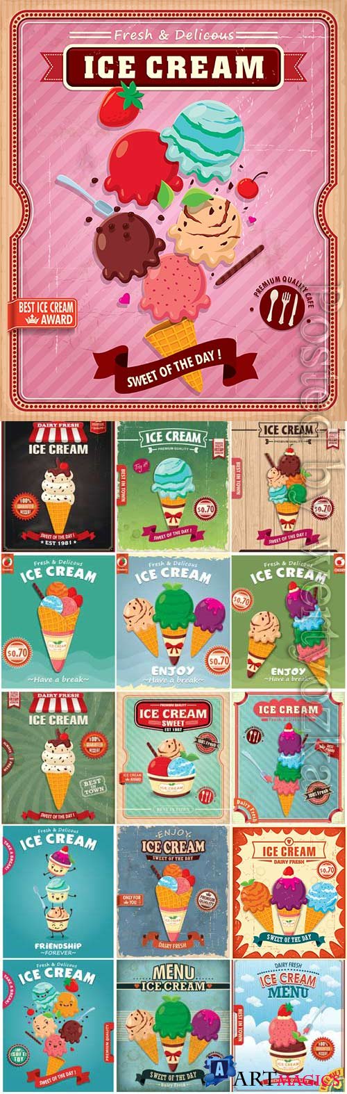 Ice cream advertising retro posters in vector