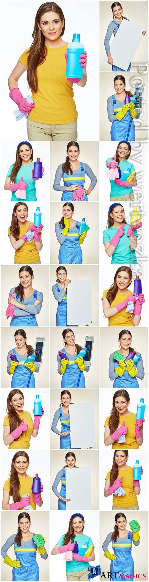 Cleaning service, girl with cleaning products stock photo
