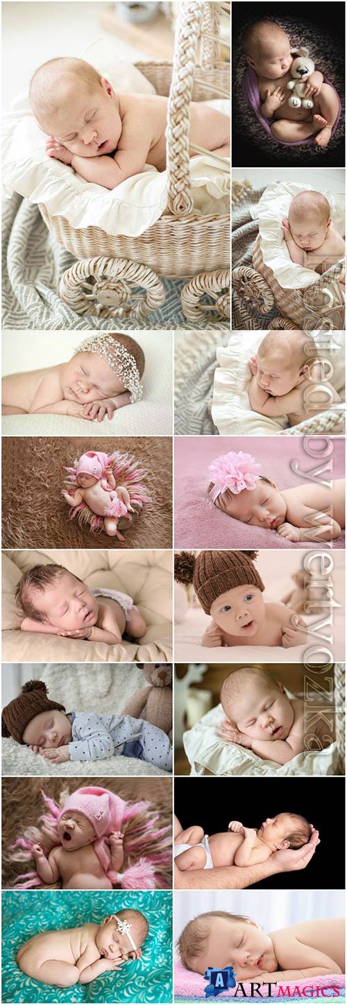 Adorable newborn babies at a photo shoot stock photo