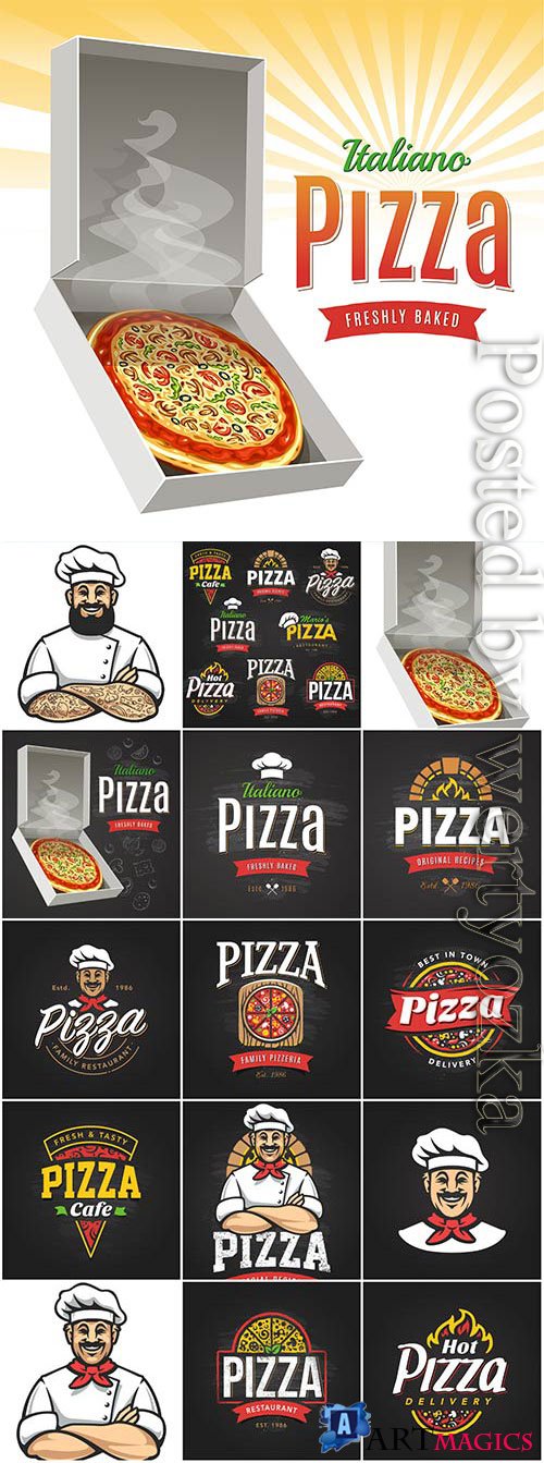 Pizza logos and advertising posters in vector