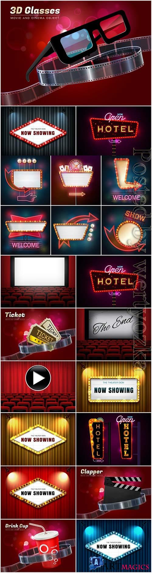 Glowing signs and cinema elements in vector