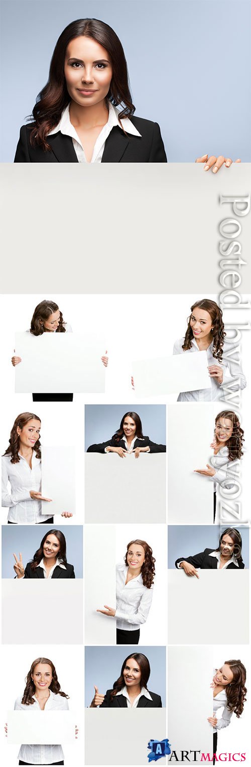 Young business women holding placards stock photo