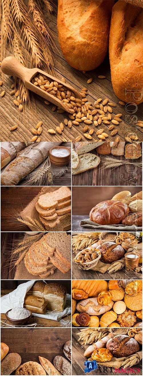 Bread, buns, spikelets of wheat stock photo