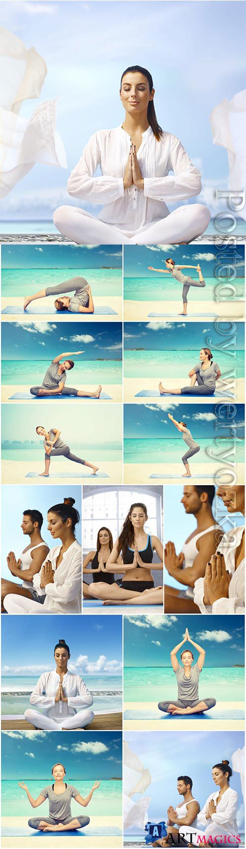 Men and women doing yoga by the sea stock photo