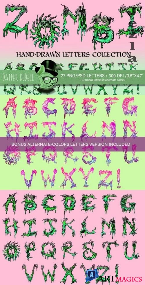 Zombie A-Z Hand Drawn Letters Alphabet