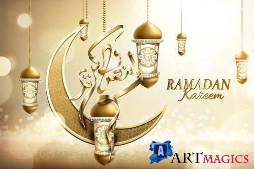 Ramadan kareem vector poster with arabic calligraphy and glossy crescent