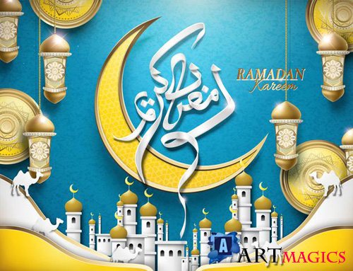 Ramadan kareem poster with arabic calligraphy and glossy crescent