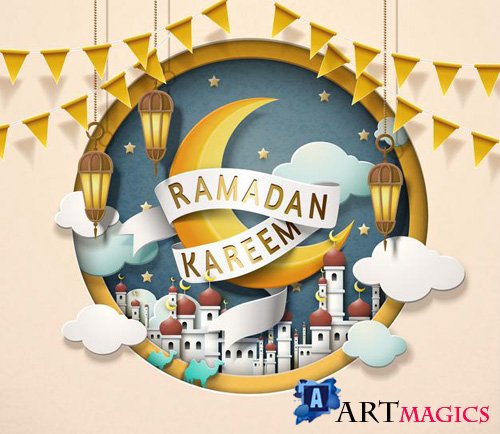 Lovely ramadan kareem design in paper art style