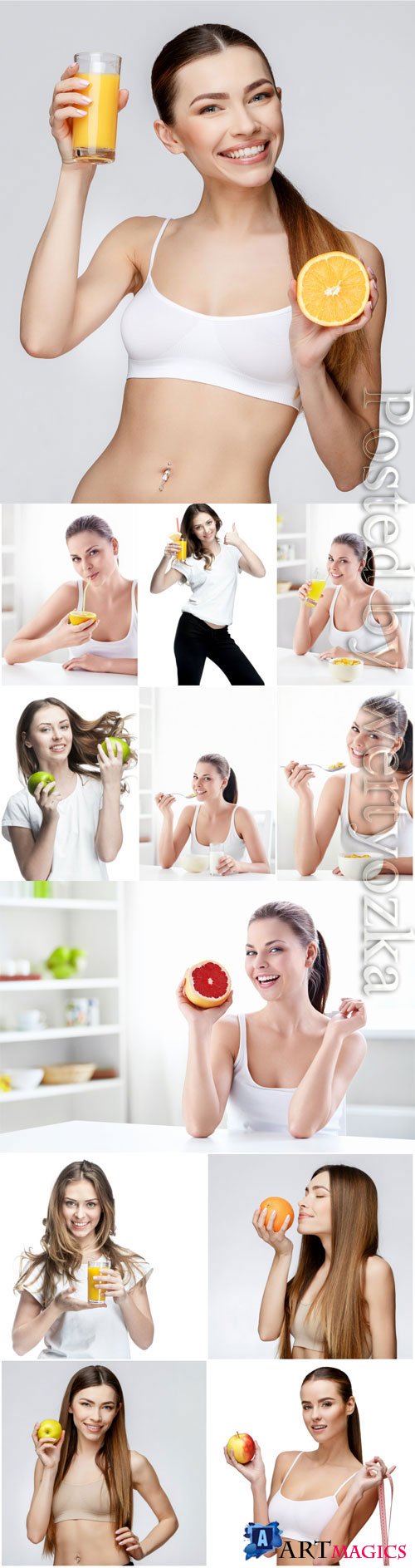 Healthy food, girls with fruits stock photo