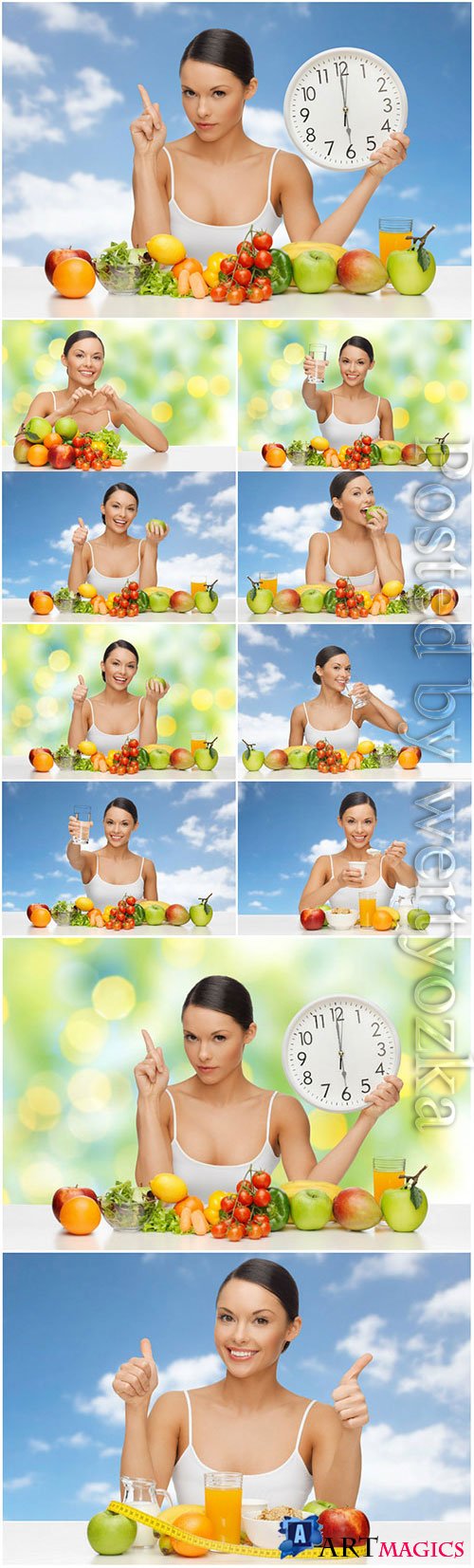 Healthy food concept, girl with fruits and vegetables stock photo