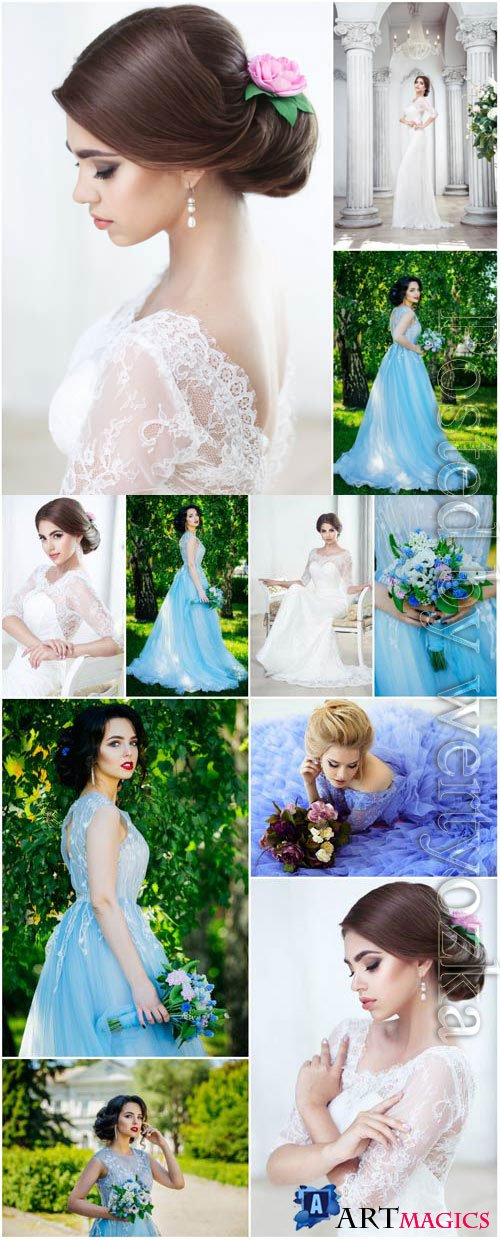 Lovely brides in luxury wedding dresses stock photo