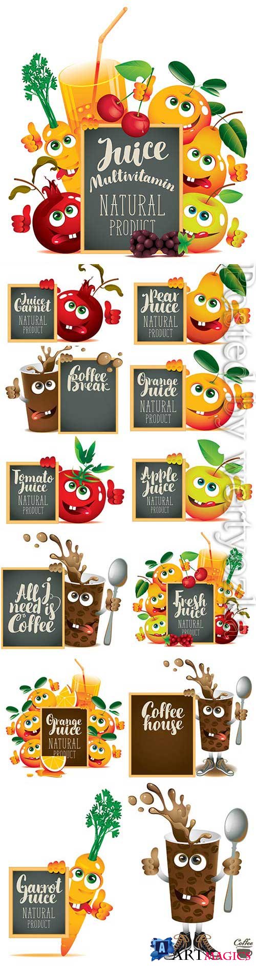Cartoon fruits with blackboard for text in vector