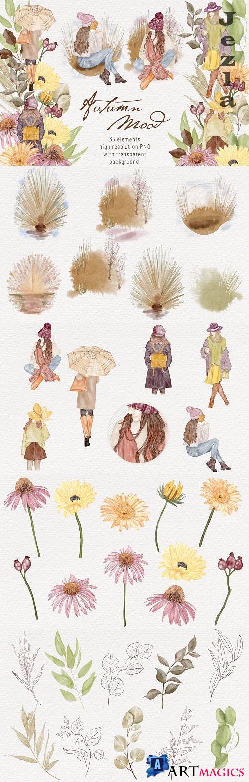 Autumn Girls Watercolor Clipart Boho Autumn Mood - 1485040