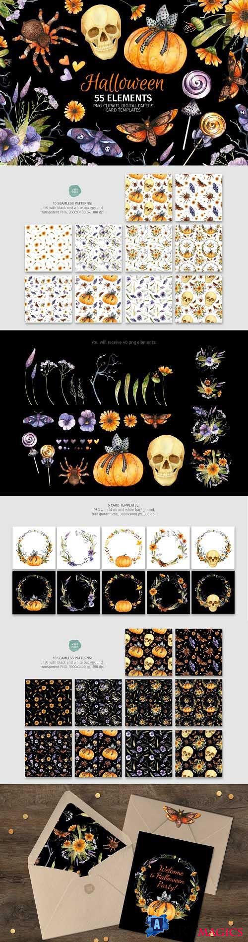 Halloween clipart, seamless patterns and card templates - 1481763